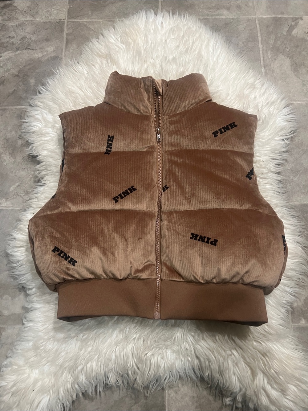 PINK Victoria's Secret Brown Corduroy Puffer Vest with Logo Print